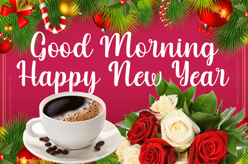 Good Morning Happy New Year image with coffee and roses