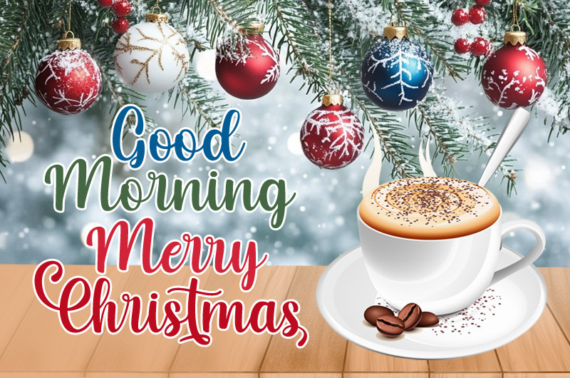 Good Morning Merry Christmas Image with a cup of capuccino and beautiful baubles