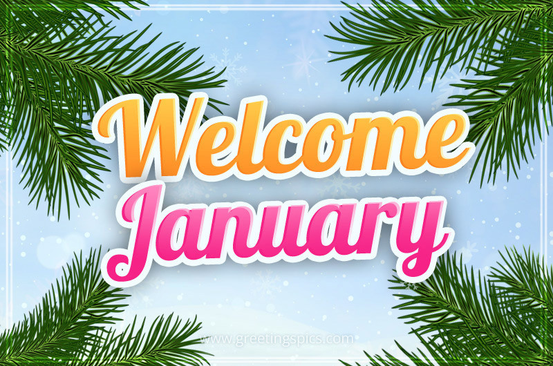 Welcome January image with a colorful inscription and fir branches