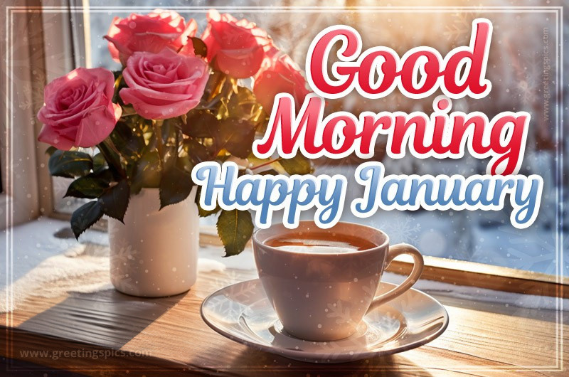 Good Moring Happy January beautiful picture with coffee and red roses