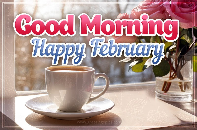 Good Morning Happy February image with cup of coffee and pink roses