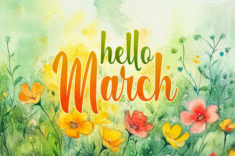 Hello March image with beautiful spring flowers