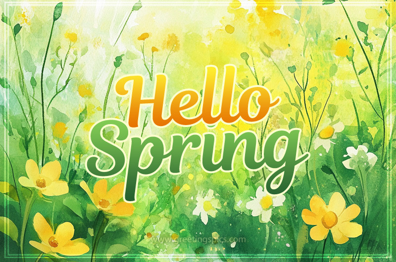 Hello Spring image with beautiful watercolor flowers