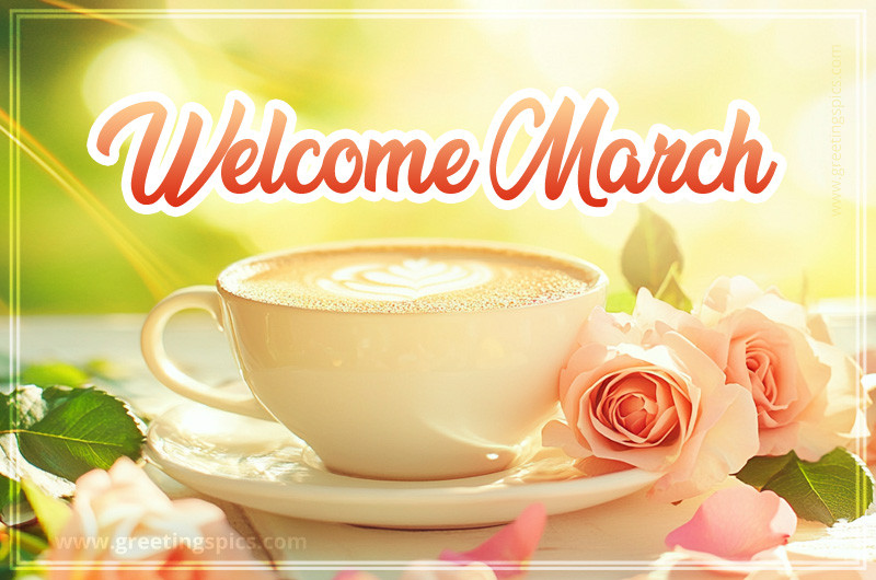 Welcome March image with cappuccino and roses