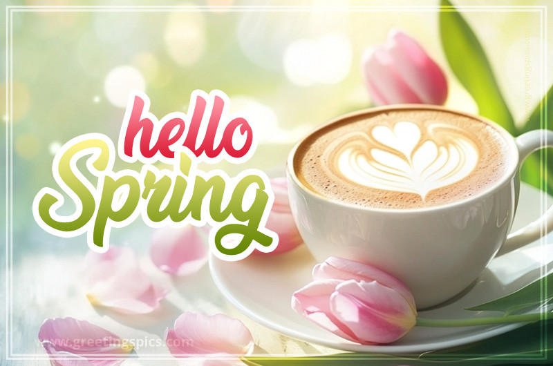 Hello Spring image with coffee and beautiful pink tulips