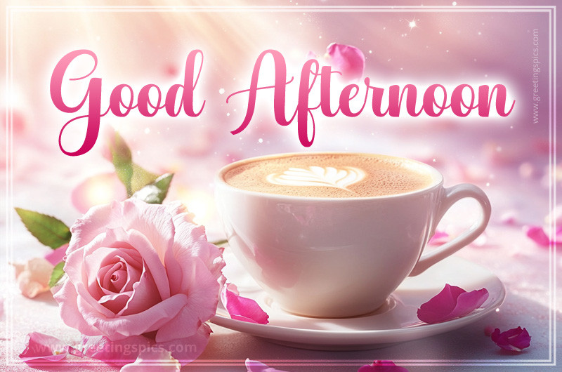 Good Afternoon picture with a cup of cappuccino and beautiful pink rose