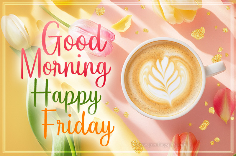 Good Morning Happy Friday colorful image with cappuccino and tulips