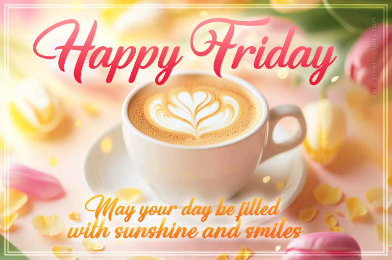 Happy Friday bautiful image with a wish, cappuccino and tulips