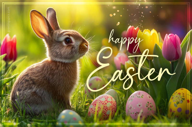 Happy Easter picture with colorful tulips and a cute rabbit in the grass