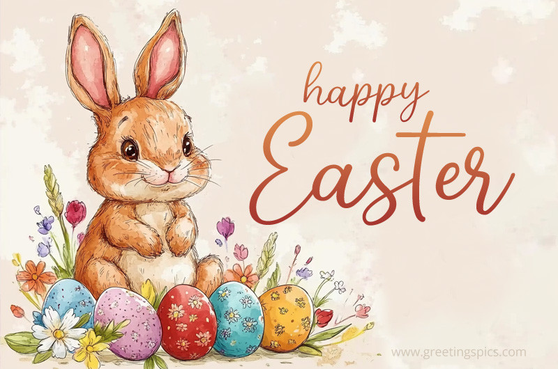 Happy Easter drawing picture with cute bunny, eggs and flowers