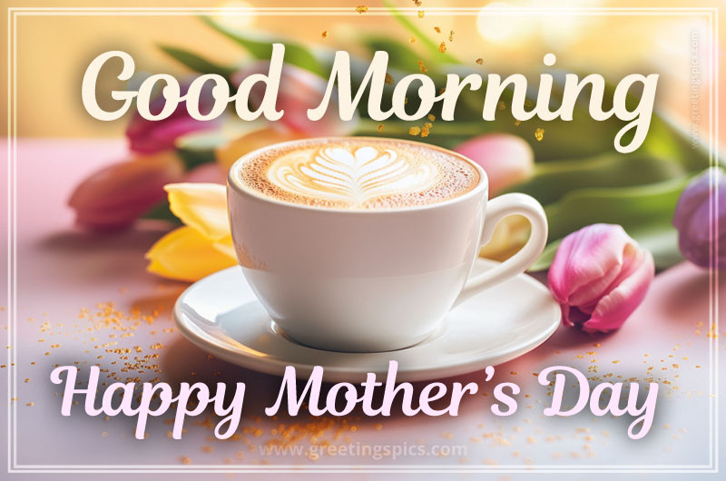 Good Morning Happy Mother's Day image with a cup of latte and tulips