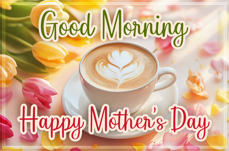 Good Morning Happy Mother's Day picture with a cappuccino and colorful tulips