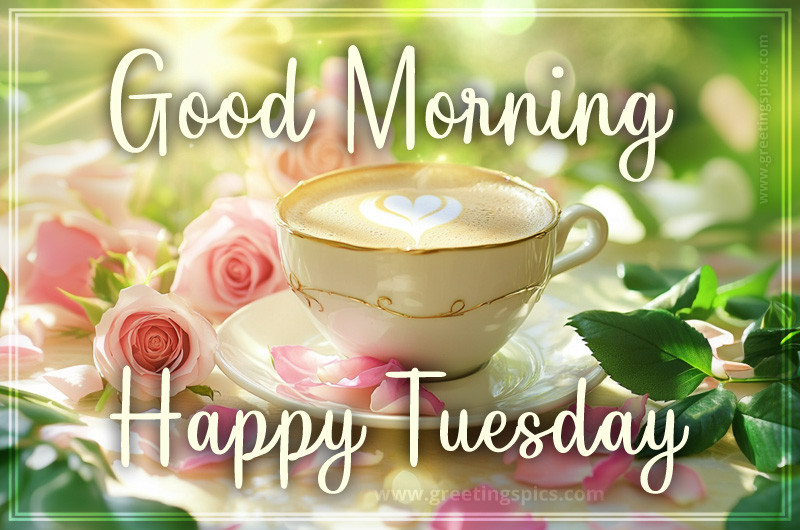 Good Morning and Happy Tuesday image with a cup of cappuccino and delicate roses