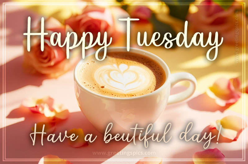 Happy Tuesday beautiful image with a cup of latte and rose petals