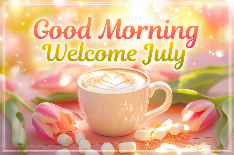Good Morning Welcome July image with cappuccino and marshmallows