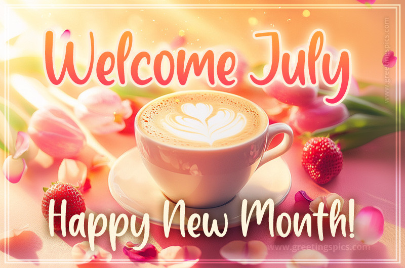 Welcome July colorful picture with a cup of cappuccino and strawberries