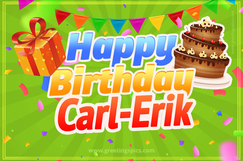 Happy Birthday Carl-Erik picture with flags, chocolate cake and gift box