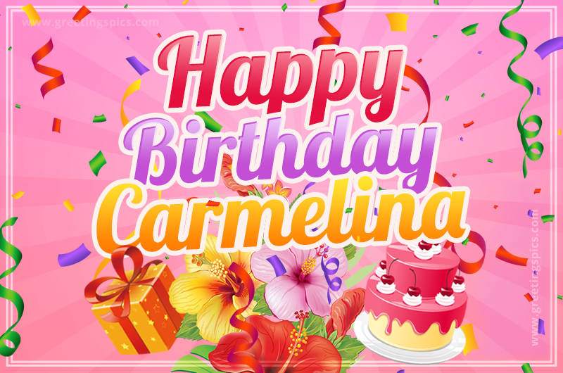 Beautiful Birthday Card for Carmelina with Cake and bouquet of flowers