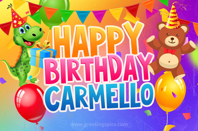 Happy Birthday Carmello Image for a child with cute baby dinosaur and bear