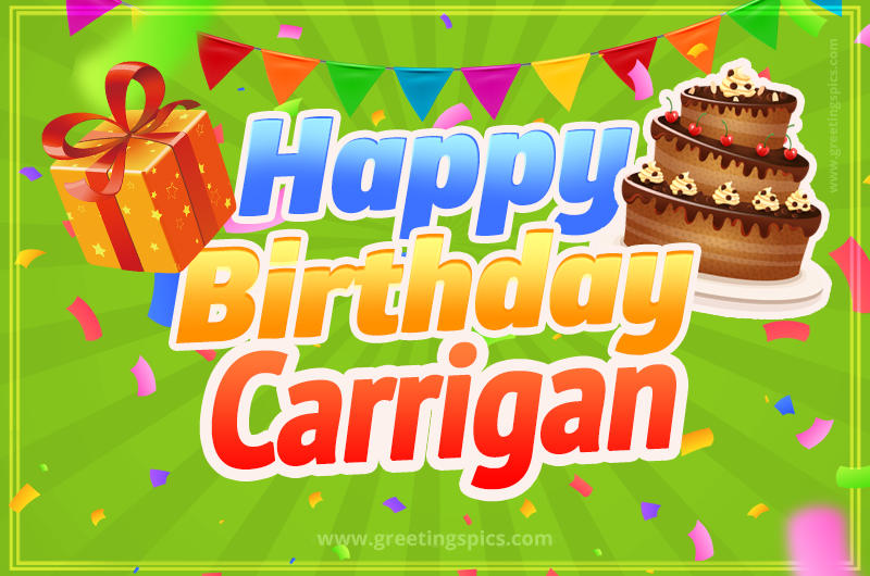 Happy Birthday Carrigan picture with flags, chocolate cake and gift box