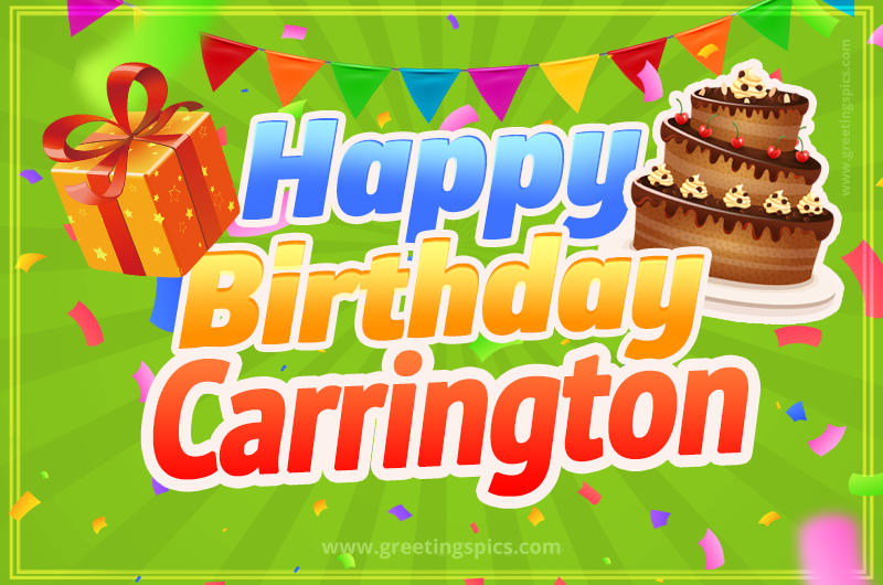 Happy Birthday Carrington picture with flags, chocolate cake and gift box