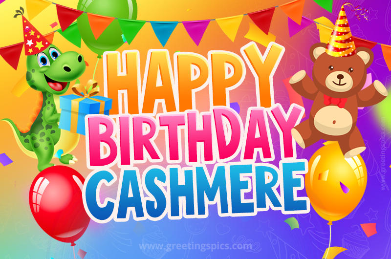 Happy Birthday Cashmere Image for a child with cute dinosaur and bear