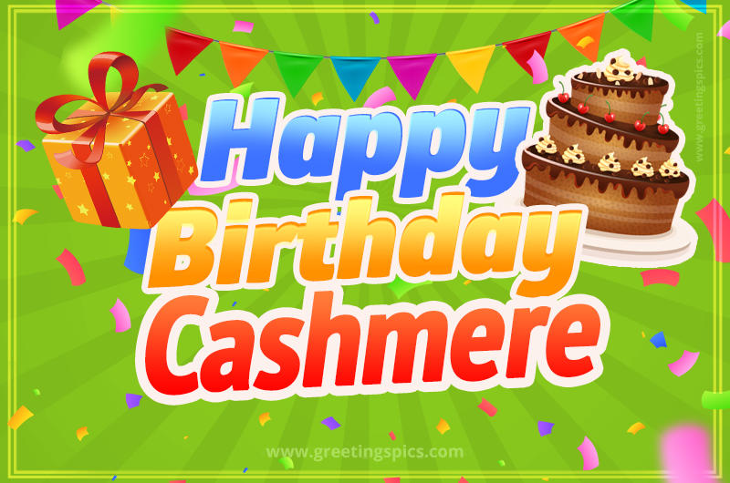 Happy Birthday Cashmere picture with flags, chocolate cake and gift box