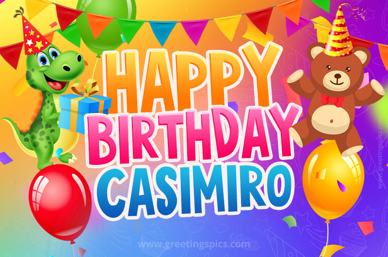 Happy Birthday Casimiro Image for a child with cute baby dinosaur and bear