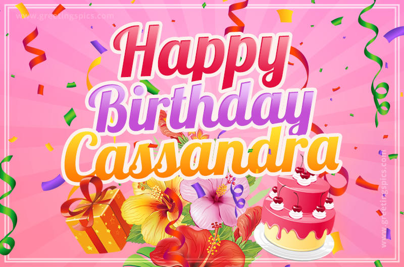 Beautiful Birthday Card for Cassandra with Cake and bouquet of flowers