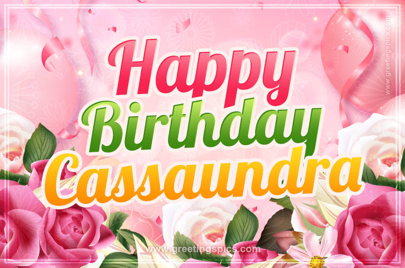 Image with gentle pink background and flowers Happy Birthday Cassaundra