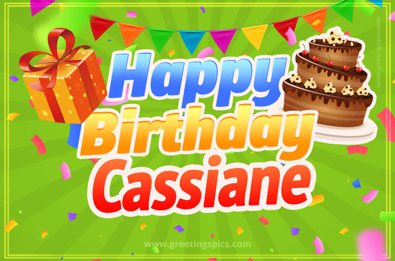 Happy Birthday Cassiane picture with flags, chocolate cake and gift box