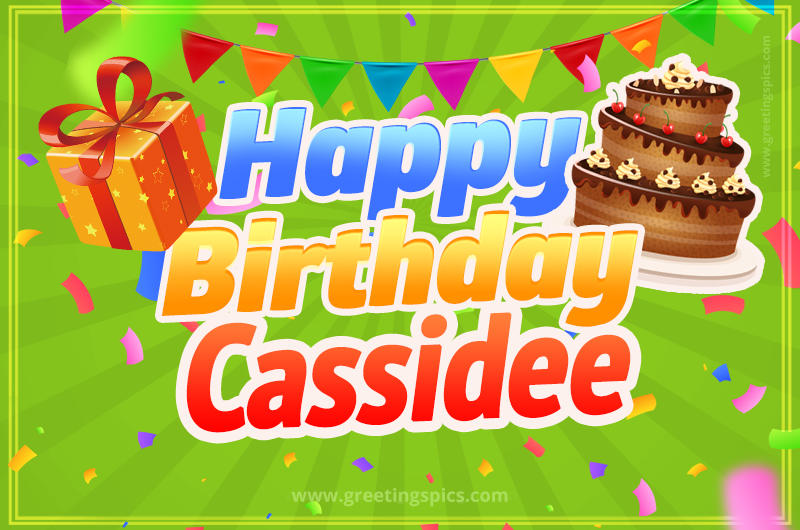 Happy Birthday Cassidee picture with flags, chocolate cake and gift box