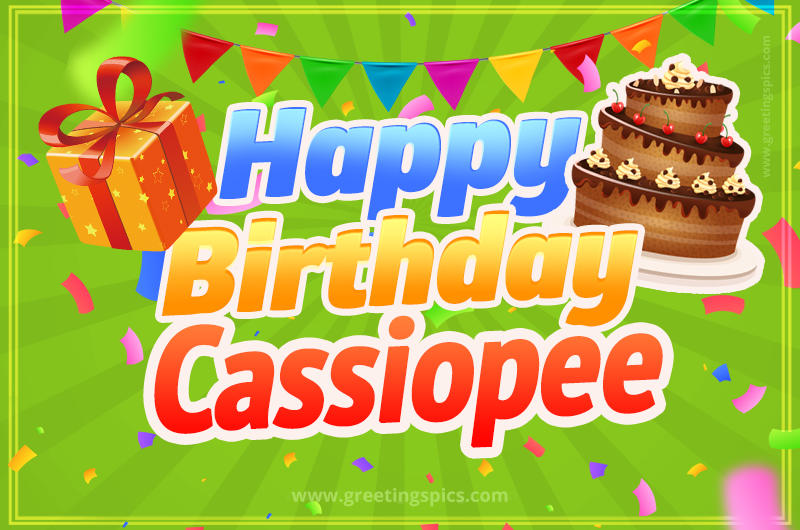 Happy Birthday Cassiopee picture with flags, chocolate cake and gift box