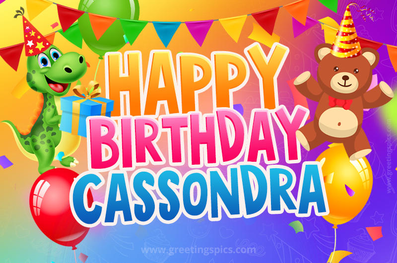 Happy Birthday Cassondra Image for a child with cute dinosaur and bear