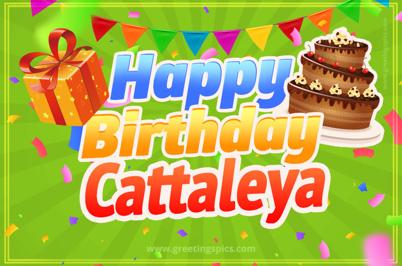 Happy Birthday Cattaleya picture with flags, chocolate cake and gift box