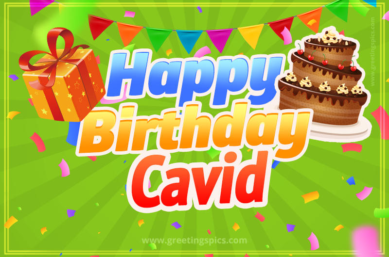 Happy Birthday Cavid picture with flags, chocolate cake and gift box