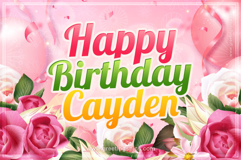 Image with gentle pink background and flowers Happy Birthday Cayden