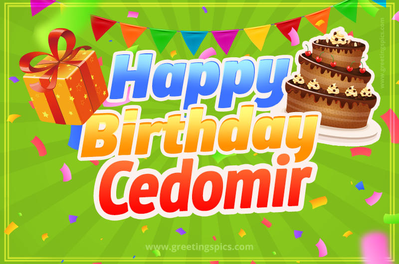 Happy Birthday Cedomir picture with flags, chocolate cake and gift box