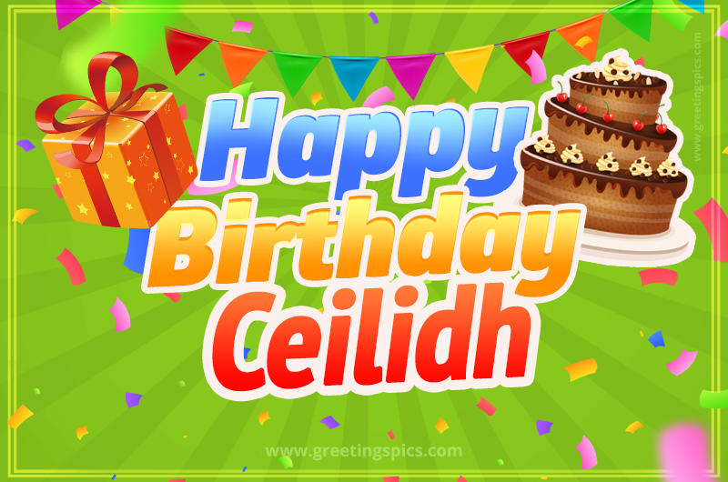 Happy Birthday Ceilidh picture with flags, chocolate cake and gift box