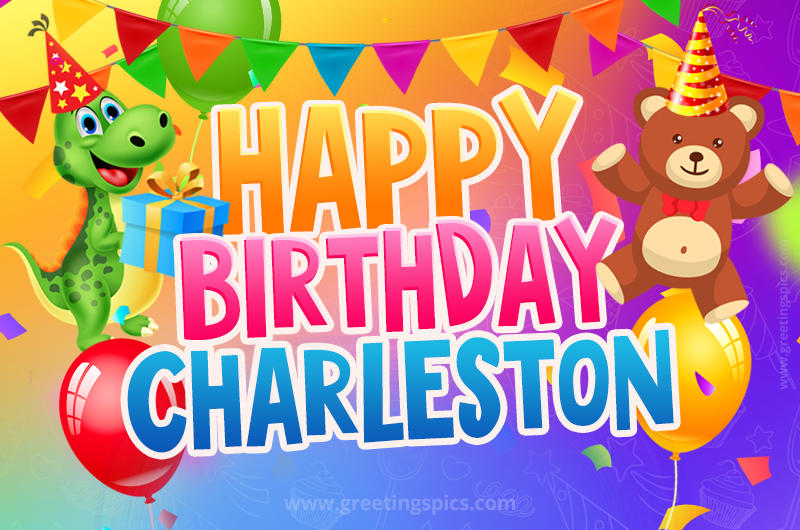 Happy Birthday Charleston Image for a child with cute dinosaur and bear