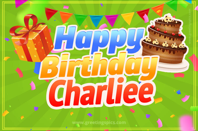 Happy Birthday Charliee picture with flags, chocolate cake and gift box