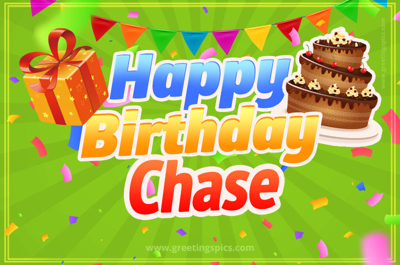 Happy Birthday Chase picture with flags, chocolate cake and gift box