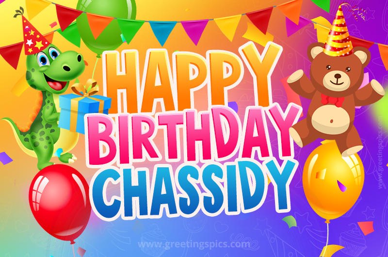 Happy Birthday Chassidy Image for a child with cute dinosaur and bear