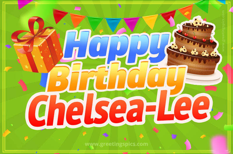 Happy Birthday Chelsea-Lee picture with flags, chocolate cake and gift box