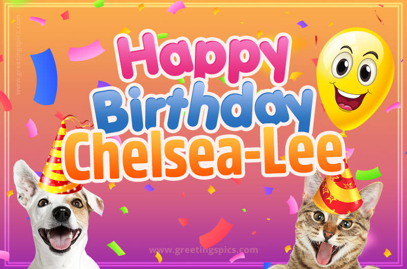 Happy Birthday Chelsea-Lee Funny Image with cat and dog