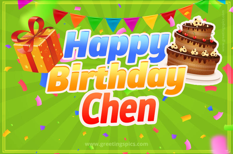 Happy Birthday Chen picture with flags, chocolate cake and gift box