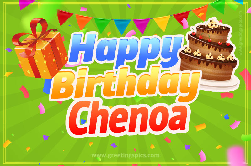 Happy Birthday Chenoa picture with flags, chocolate cake and gift box