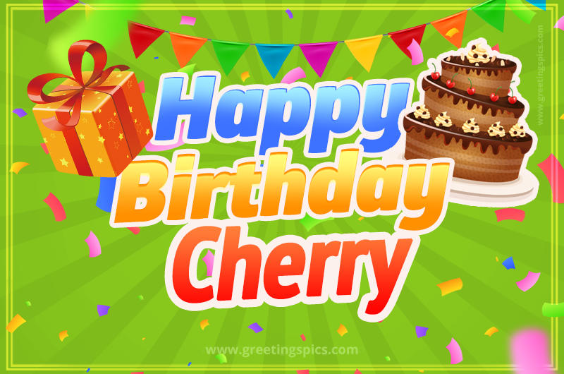 Happy Birthday Cherry picture with flags, chocolate cake and gift box