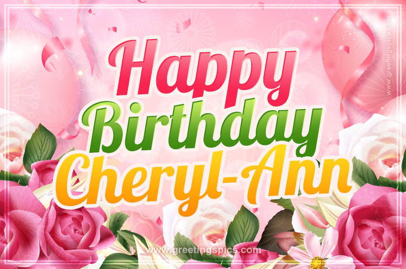 Image with gentle pink background and flowers Happy Birthday Cheryl-Ann