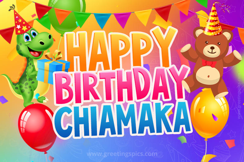 Happy Birthday Chiamaka Image for a child with cute dinosaur and bear